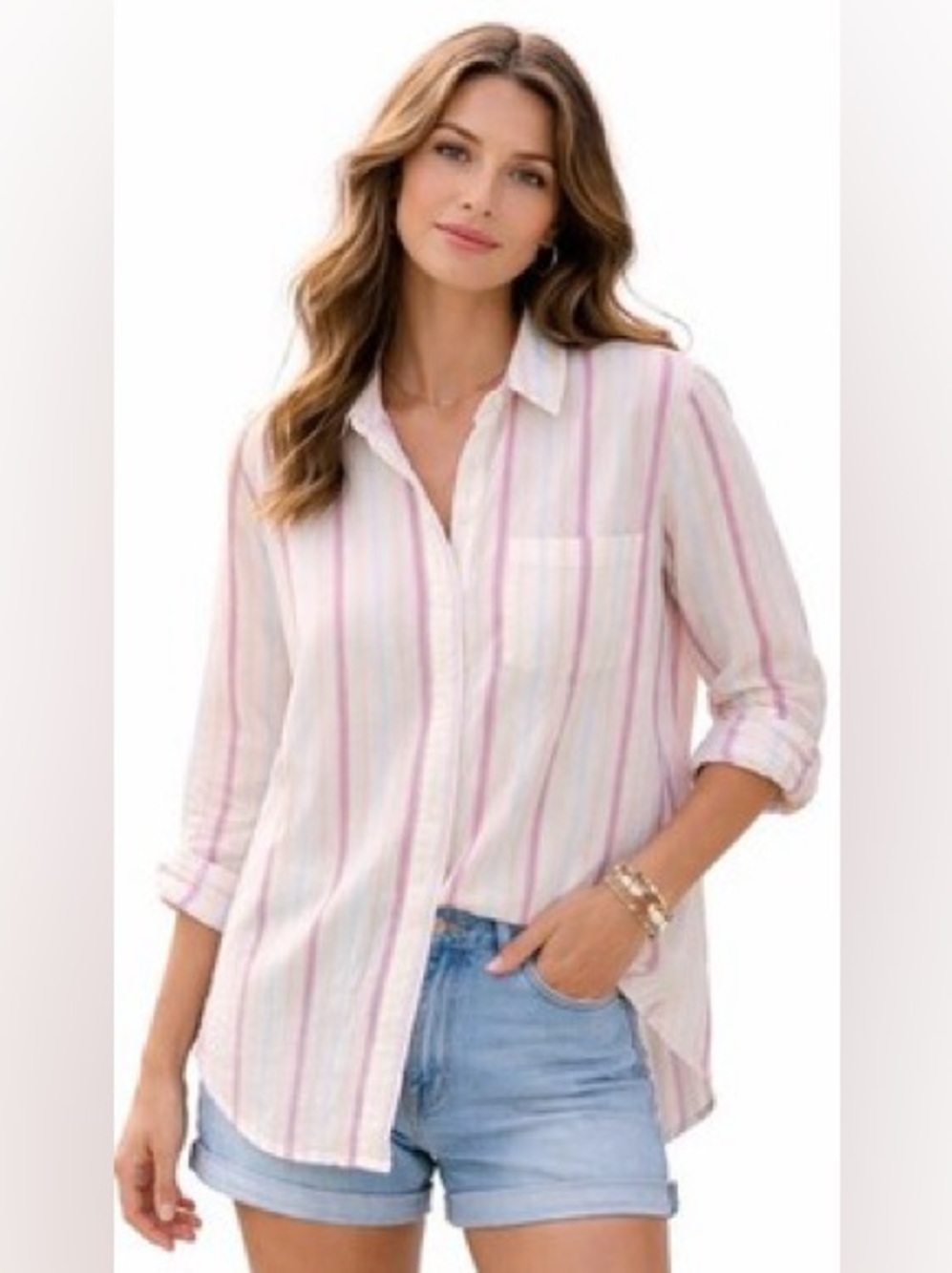 GAP Linen Blend Pink & Cream Striped Button-Up Shirt